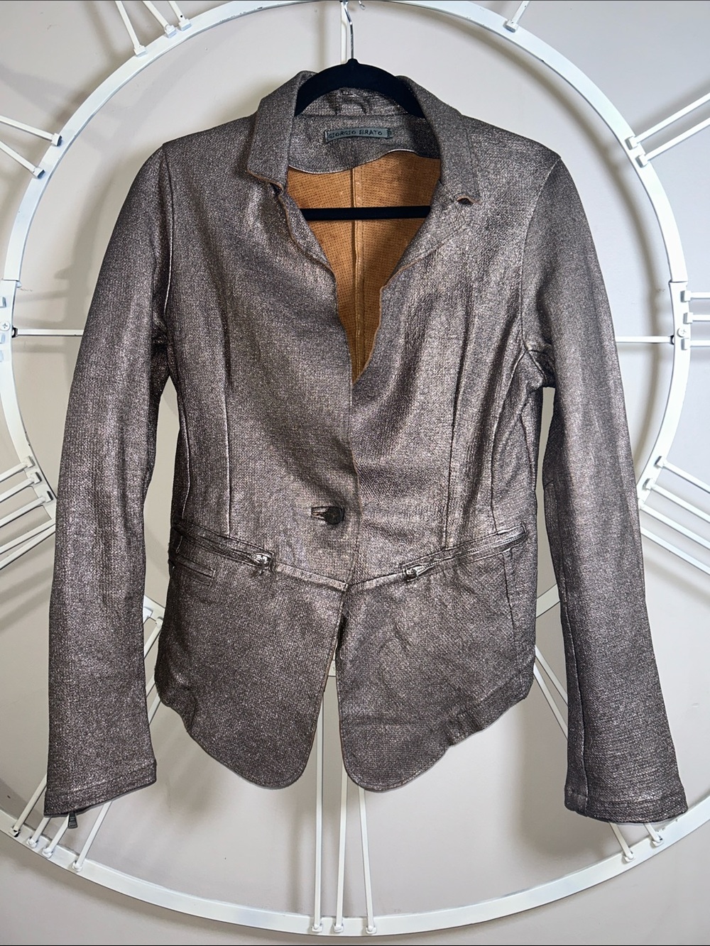 Giorgio Brato 100% Leather Laminated Metallic Crackle-Finish Blazer Jacket